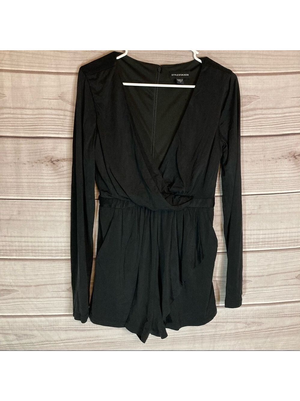STYLE Stalker Black Plunge Neck Long Sleeve Romper